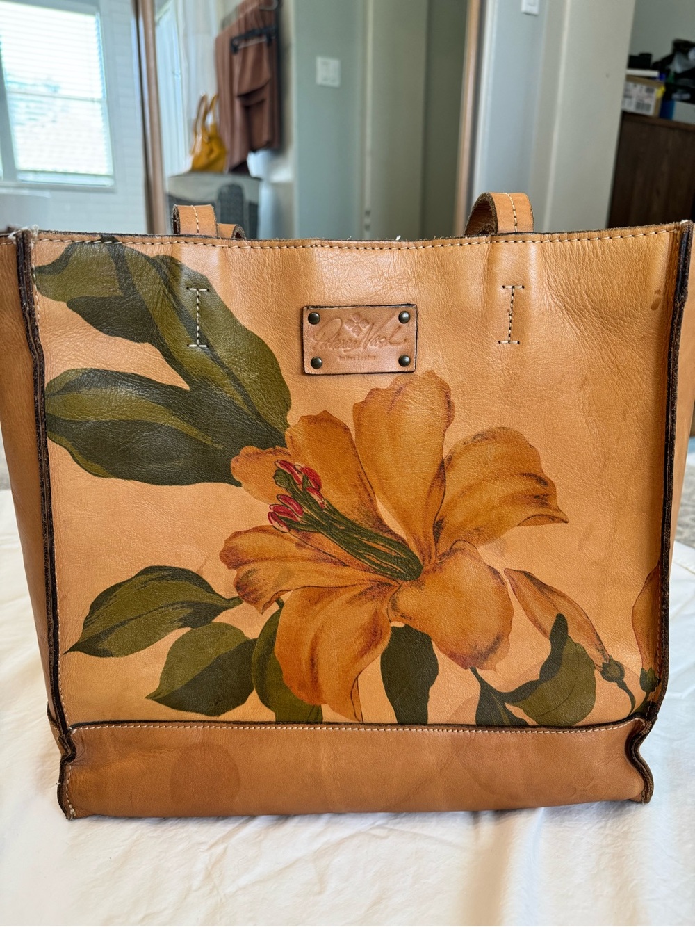 Patricia Nash Tan Leather Tote with Hibicscus Floral Motif